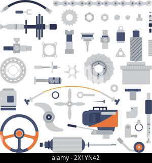 Ersatzteile für Boote. Verschiedene Schiffsmechanismen für Reparaturarbeiten. Flache Zahnräder, Rohre und Lager, Motorkette und Ventil, anständige Vektorsymbole Stock Vektor