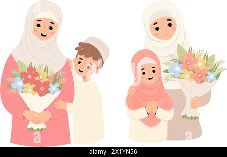 Glückliche muslimische Familie. Süße islamische Frau Mutter im Hijab mit Sohn und Tochter mit Blumenstrauß. Vektor-Illustration flache Zeichentrickstil. Isoliert F Stock Vektor