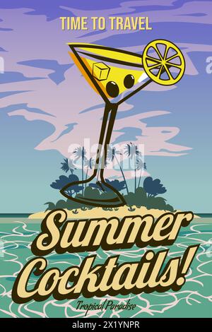 Sommer Cocktails Poster Retro, klassische Cocktail Drinks im Glas, Meer, Insel, Küste, Palmen Stock Vektor