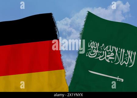 Zwei zerrissene Flaggen Deutschland und Königreich saudi-arabien mit arabischer Inschrift es gibt keinen Gott außer Allah keinen Propheten außer Muhammad Stockfoto