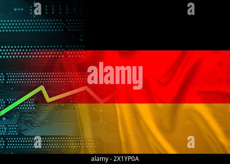Nationalflagge Deutschlands auf Seide mit Falten, grüne elektronische Leiterplatte, Wachstumspfeil, modernes Technologiekonzept, Wirtschaft, Wirtschaft, Stockfoto