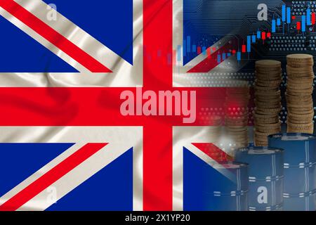 Nationalflagge Großbritanniens auf Seide, Ölfässern, Metallmünzen, Öl-Futures-Handelskonzept, Wachstum des DBO-Index an der Börse, globale Welt Stockfoto