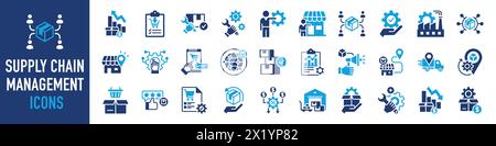 Symbolsatz für Supply Chain Management, Wertschöpfungskette, Logistik, Lieferung, Fertigung, Handel. Symbolsammlung. Vektorabbildung. Stock Vektor