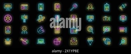 Symbole für die Marktsegmentierung legen den Konturvektor fest. Zielgruppe des Kunden. Client Business Neonfarbe auf Schwarz Stock Vektor