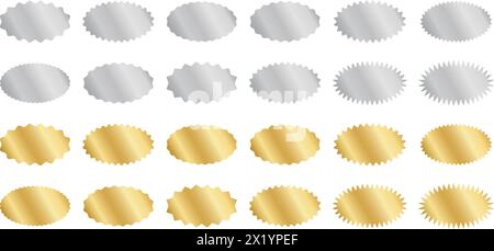 Set aus silbernen und goldfarbenen ovalen Aufklebern mit gewelltem Rand. Metallische Wigly-Etiketten, Abzeichen, Preisschilder, Gutscheine, hochwertige Aufkleber Formen isoliert auf weißem Hintergrund. Vektorabbildung. Stock Vektor