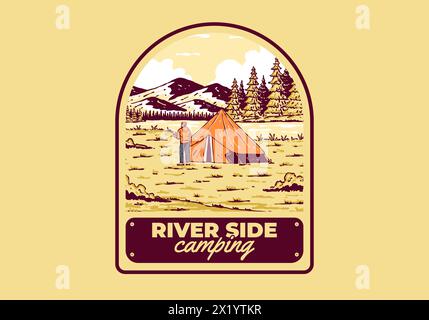 Camping am Fluss. Vintage-Design mit Illustrationen für den Außenbereich Stock Vektor