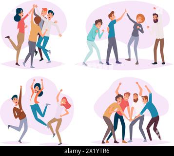 Geschäftliche Zusammenarbeit. Glückliche Arbeitsgruppe von Geschäftsleuten Exact Vector Team von Managern feiert Sieg Stock Vektor