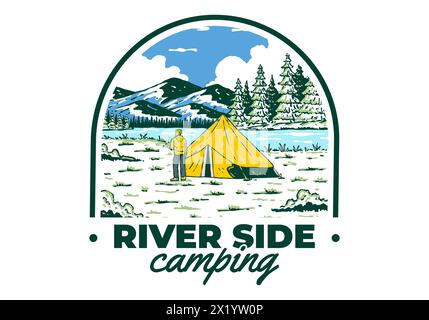 Camping am Fluss. Vintage-Design mit Illustrationen für den Außenbereich Stock Vektor