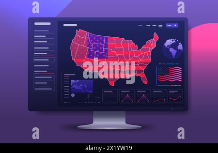 Statistisches Banner der US-Präsidentschaftswahlen mit Infografiken amerikanische Wahlkampfstatistiken mit Karte und Datengrafiken auf Computerbildschirm Stock Vektor