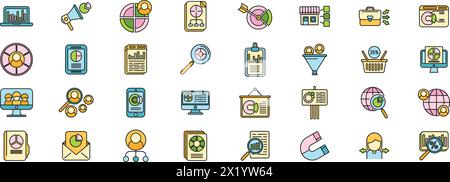 Symbole für die Marktsegmentierung legen den Konturvektor fest. Zielgruppe des Kunden. Kundengeschäft, dünne Linie, flach auf weiß Stock Vektor