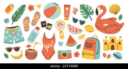 Sommer-Vektor-Set für Aufkleber. Symbole, Schilder, Banner. Helles Poster im Sommer. Elemente der Kollektion für den Sommerurlaub. Stock Vektor