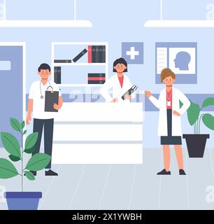 Klinikteam in der Klinik. Medizinisches Personal an der Rezeption, glückliche Ärzte, Verwalter und Krankenschwester mit Ordnern. Ambulanzbüro, Cartoon Healthcare Vektor Stock Vektor