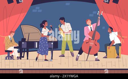 Konzert der Jazzband. Musiker spielt Retro-Piano, singender Sänger Saxophonist Künstler Bühnenperformance afrikanisches Kulturfestival Konzept klassischer Vektor Illustration von Band Jazz Stock Vektor