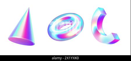 Glänzende irisierende geometrische Formen realistische Vektor-Illustration Set. Holografische Metallfiguren. Futuristische 3D-Objekte auf weißem Hintergrund Stock Vektor