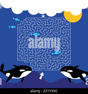 Labyrinth Spiel Labyrinth Whales Vektor Illustration. Buntes Puzzle für Kinder Stock Vektor
