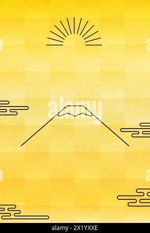 Neujahrskarte im japanischen Stil für 2025, einfache Linienzeichnung von Mt. Fuji und der erste Sonnenaufgang des Jahres mit Goldfolie Hintergrund - Übersetzung: Th Stock Vektor