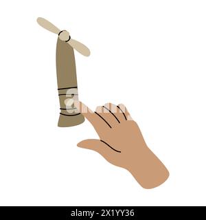 Handgezogener einfacher tragbarer Lüfter – Elektrogerät. Vektor-Illustration des Fächers mit Hand in Pastellfarben. Halten Sie das Gebläse in der Hand oder drücken Sie die Taste ein. Stock Vektor