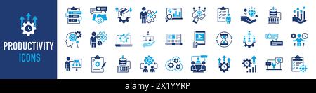 Symbolgruppe Produktivität. Wie Effizienz, Aufgabe, Fokus, Multitasking, Leistung, Prozess, Workflow, Wachstum, Geschäft, Routine, Projektmanagement, Daten Stock Vektor