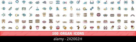 100 Orgelsymbole eingestellt. Farblinie Set von Organvektorsymbolen dünne Linie Farbe flach auf weiß Stock Vektor