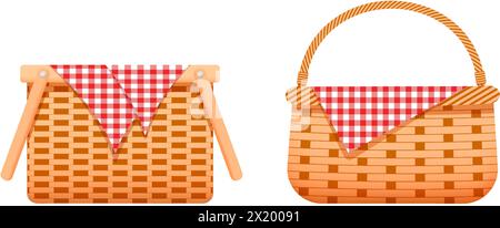 Leere Picknickkörbe mit karierten Baumwoll- oder Leinenservietten. Handgemachte gewebte Weidenhähne isoliert auf weißem Hintergrund. Vektor-Zeichentrick-Illustration. Stock Vektor