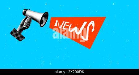 Vektorabbildung. Zeitgenössische Kunstcollage. Weibliche Hand, die Megaphon hält, mit Nachrichtenschrift isoliert über blauem Hintergrund. Stock Vektor