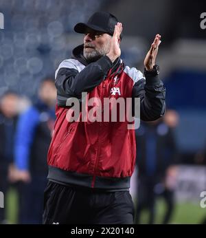 Bergamo. April 2024. Liverpool-Cheftrainer Jurgen Klopp reagiert am 18. April 2024 im UEFA Europa League-Viertelfinale zwischen Atalanta und Liverpool in Bergamo, Italien. Quelle: Xinhua/Alamy Live News Stockfoto