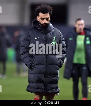 Bergamo. April 2024. Der Liverpool-Spieler Mohamed Salah reagiert am 18. April 2024 im UEFA Europa League-Viertelfinale zwischen Atalanta und Liverpool in Bergamo, Italien. Quelle: Xinhua/Alamy Live News Stockfoto