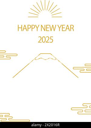 Neujahrskarte im japanischen Stil für 2025, einfache Linienzeichnung des Mt. Fuji und der erste Sonnenaufgang des Jahres - Übersetzung: Vielen Dank auch in diesem Jahr. Stock Vektor