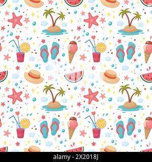 Nahtloses Sommermuster. Strandurlaub. Sommerliches Material. Strandurlaub Textur. Zeichentrickstil, Strand-Party-Vektor-Illustration. Flaches Design. Sommerurlaub mit Meer Stock Vektor