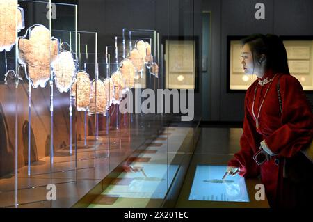 (240419) -- PEKING, 19. April 2024 (Xinhua) -- dieses Foto vom 26. Februar 2024 zeigt einen Besucher, der orakelknochen mit Inschriften im neuen Gebäude des Yinxu Museums in Anyang, Zentralchinas Provinz Henan, betrachtet. Luxor, die antike Stadt Theben in Südägypten, war die Hauptstadt der Pharaonen auf dem Höhepunkt ihrer Macht während des Neuen Königreichs vom 16. Bis zum 11. Jahrhundert v. Chr.. Von vielen als das größte Freilichtmuseum der Welt angesehen, beherbergt es das berühmte Tutanchamun-Grab im Tal der Könige und die Ruinen des riesigen Karnak-Tempelkomplexes und des Luxor-Tempels. Die Stockfoto