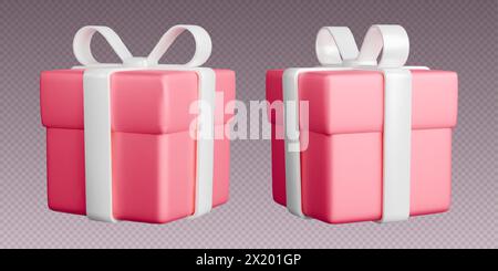 Geschenkboxen mit Bändern, realistische pinkfarbene 3D-Schachteln mit weißen Schleifen. Überraschungsgeschenk isoliert auf grauem Hintergrund. Stock Vektor
