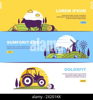 Farmbanner. Stilisierte Illustrationen von Öko-Bauernhof mit Haustieren und Fahrzeugen Stock Vektor