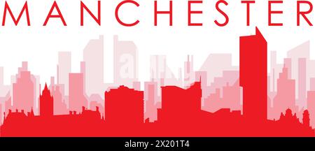 Rotes Poster mit Panoramablick auf die Skyline der Stadt von MANCHESTER, GROSSBRITANNIEN Stock Vektor