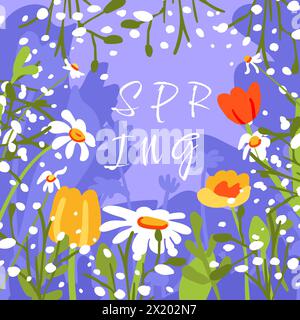 Rahmen wilde Blumen strukturierter Fliederhintergrund. Gänseblümchen rote gelbe Tulpen, Gänseblümchen. Rechteckiges Banner des Frühlingsposters. Illustration des flachen Vektors Stock Vektor