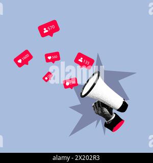 Vektorabbildung. Zeitgenössische Kunstcollage. Hand mit Megaphon verbreitet Likes in sozialen Medien vor violettem Hintergrund. Stock Vektor