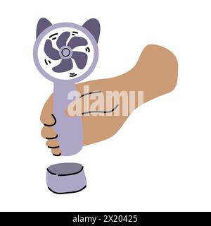 Handgezogener einfacher tragbarer Lüfter – Elektrogerät. Vektor-Illustration des Fächers mit Hand in Pastellfarben. Halten Sie das Gebläse in der Hand oder drücken Sie die Taste ein. Stock Vektor