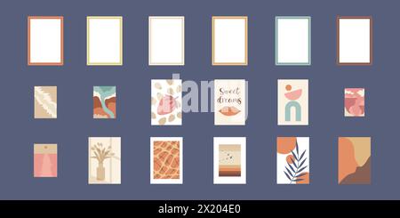 Gemütliche Hygge-Innenbilder mit Rahmen. Stock-Vektor-Illustration in flacher Zeichentrickstil. Stock Vektor