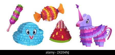 Bunte mexikanische Pinatas, isoliert auf weißem Hintergrund. Vektor-Karikaturillustration der Papierdekoration in Form von Wolke, Süßigkeiten, Wassermelone, Einhorn, traditionelles Geburtstagsfeier Zubehör Stock Vektor