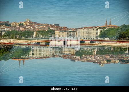 Doppelexposition der Kais des Flusses Rhône in Lyon, Frankreich. Stockfoto