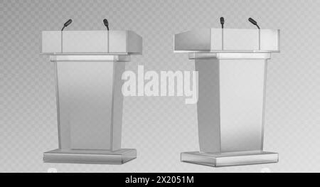 Glasdurchsichtige Kanzel mit Mikrofon für Sprach- oder Konferenzkonzept. Realistische 3D-Vektor-Illustration Set von Vortrag Podium Mockup für Debatte oder Pressekonferenz. Tribun- oder Palisander-Ständer. Stock Vektor