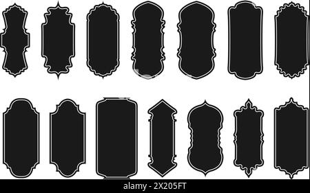 Arabischer Rahmen und Dekoration. Eine Sammlung von Rahmen und Dekorationen mit orientalischen Motiven. Leere Retro-Form von Abzeichen, Rabattanhänger, Abzeichen, PR Stock Vektor
