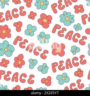 Retro 60er Jahre grooviger psychedelischer nahtloser Hintergrund über Frieden. Blumen im Hippie-Stil, handgezeichnete Gänseblümchen. Stock Vektor