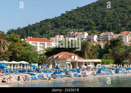 Dubrovnik Kroatien - 29. Mai 2011; redaktioneller überfüllter Uvala Lapad Strand mit Menschen und blauem Schirm. Stockfoto