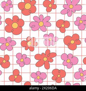 Retro 60er Jahre grooviger psychedelischer nahtloser Hintergrund. Rosa Blumen im Cartoon-Hippie-Stil, handgezeichnete Gänseblümchen auf kariertem Hintergrund. Stock Vektor
