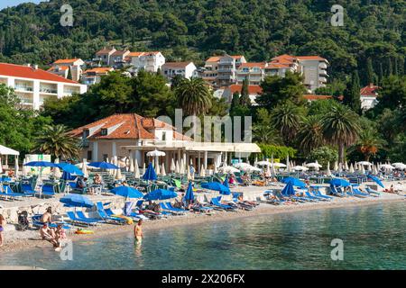 Dubrovnik Kroatien - 29. Mai 2011; redaktioneller überfüllter Uvala Lapad Strand mit Menschen und blauem Schirm. Stockfoto