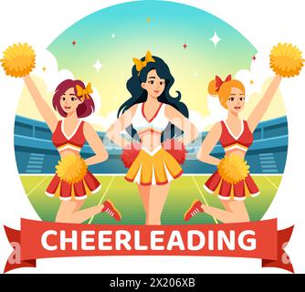 Cheerleader Girl Vektor Illustration mit Cheerleading Pom Poms des Tanzens und Springens zum Support Team Sport während des Wettbewerbs auf flachem Hintergrund Stock Vektor