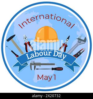 Banner, Schild, Vektor-Illustration am 1. Mai. Labor Day Designelement mit Arbeiter-Schutzhelm, Arbeitsgeräten, Planet Erde Hintergrund. Stock Vektor