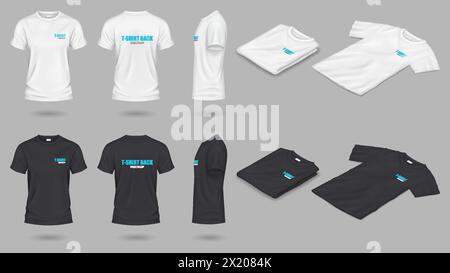 Schwarz-weiße Modell-T-Shirts realistische Vektor-Illustration Set. Freizeitkleidung mit 3D-Objekten auf grauem Hintergrund Stock Vektor