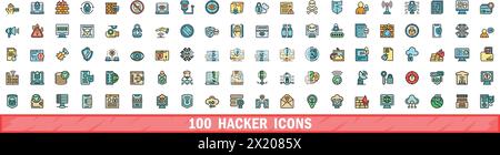 100 Hacker-Symbole gesetzt. Farblinie Satz von Hacker-Vektorsymbolen dünne Linie Farbe flach auf weiß Stock Vektor