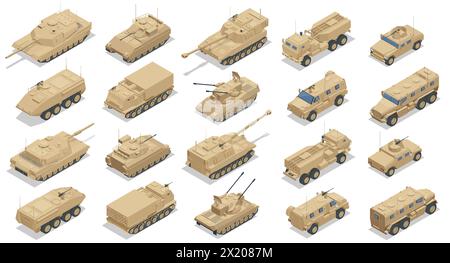 Isometrischer gepanzerter Fahrzeugsatz. Infanterie-Kampffahrzeug. Stock Vektor